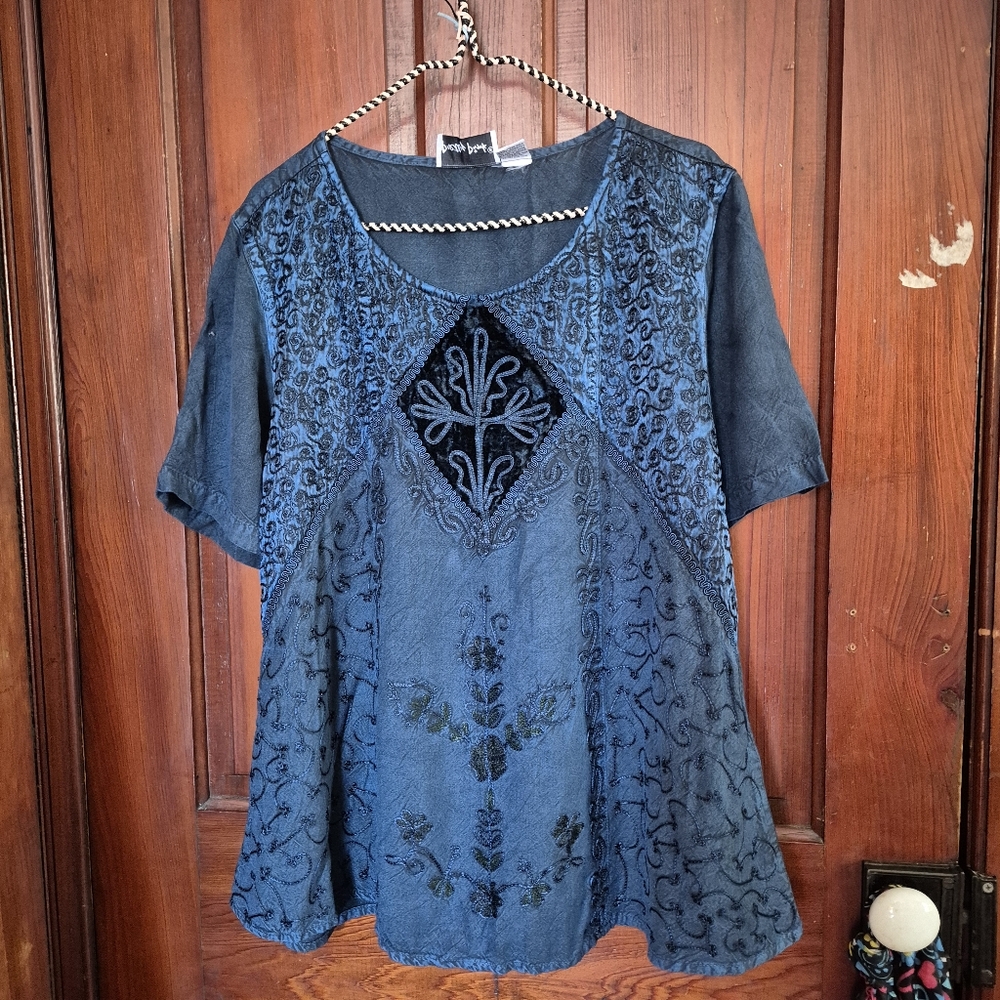 Pretty Pink Blue Top Large Boho Hippie Peasant Shirt